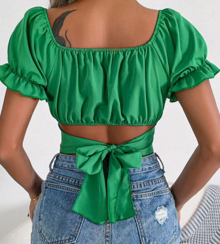 Square Neck Crisscross Flounce Sleeve Cropped Top